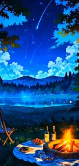 Serene night campfire by a lake under a starry sky.