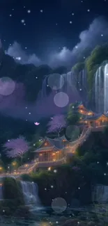 Tranquil fantasy landscape with glowing waterfalls and night scenery.