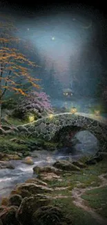 Tranquil night garden with stone bridge and starry sky.