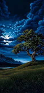 Lone tree under moonlit night sky.