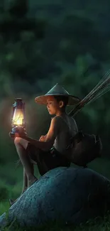 Boy with lantern sitting in serene nature at night.