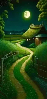 A tranquil moonlit path leads to a cozy cottage amidst lush green grass.