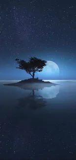 Lone tree reflecting on still water under a starry night sky.