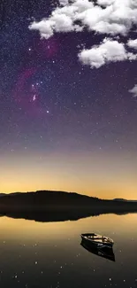 Serene night sky with stars and a boat on a calm lake.