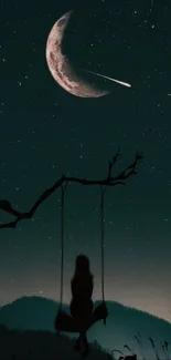 Silhouette on swing under crescent moonlit sky.