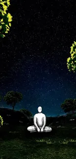 Figure sitting under a starlit night sky with lush greenery.