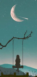 Girl on swing under moonlit starry sky with silhouette cat.