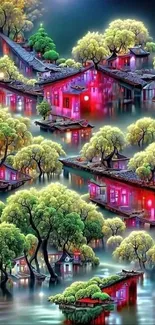 Moonlit village with vibrant trees and serene water reflections.