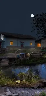 Serene night village scene with moonlight reflection.