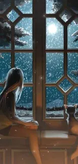 Girl and cat by a window, gazing at the night sky.