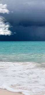 Tranquil beach with turquoise ocean and dramatic cloudy sky.