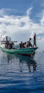 Boat navigating tranquil blue ocean under a cloudy sky.