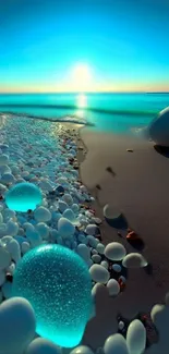 Calm ocean pathway with glowing pebbles at sunset and aqua blue hues.