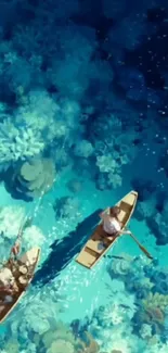 Aerial view of boats over tranquil aqua waters and coral reefs.