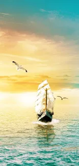 Sailing ship on tranquil ocean at sunset with soaring birds and colorful sky.