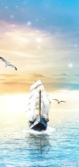 Sailboat on a serene ocean at sunset with seagulls, perfect for a mobile wallpaper.