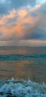 Calm ocean at sunrise with vibrant sky and gentle waves.