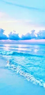 Tranquil ocean sunset with pastel colors and gentle waves on a beach.