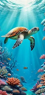 Sea turtle swimming in vibrant coral reef underwater scene with sunlight rays.