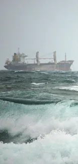 Mobile wallpaper of ocean waves and distant ship.