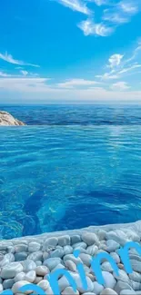 Tranquil ocean view with clear blue sky and rocks.