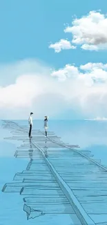 Illustrated ocean walkway under calm blue skies and clouds.