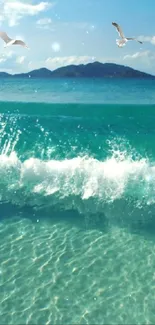 Tranquil ocean waves with seagulls over turquoise waters.