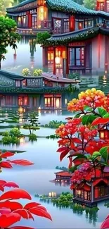 Oriental garden with vibrant red foliage and water reflection.