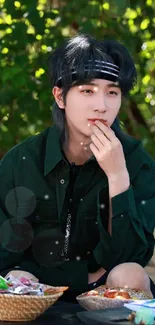 Person in green shirt sitting outdoors with nature backdrop.