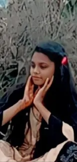 Young girl sitting outdoors in a serene setting.