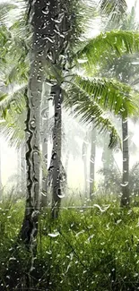 Lush palm trees with mist in a green serene forest landscape.