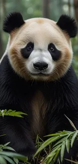 Panda calmly sitting in a lush forest setting.
