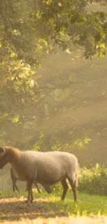 Sheep in a sunlit forest with soft, dappled light creating a serene atmosphere.