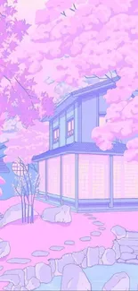 Anime-style Japanese house with cherry blossoms in pink hue.