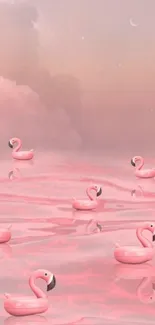 Pink flamingos floating serenely on gentle pastel waters.