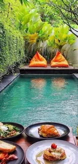 Serene poolside dining with lush greenery and vibrant orange accents.