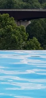 A serene pool with lush greenery and a bridge in the background.