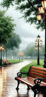 Serene park path with rain and lampposts.