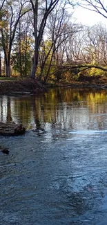 Serene autumn river with trees reflecting in water.