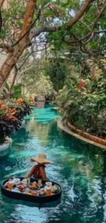 Tranquil river with floating breakfast setup and lush greenery.