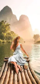 Woman on bamboo raft in serene river with mountainous backdrop.