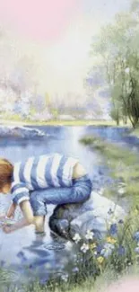 Child near river bending over water in a serene nature scene.