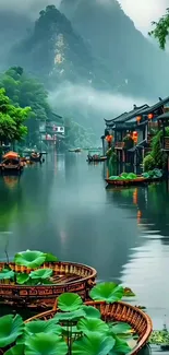 Peaceful river village with lush greenery and reflections.