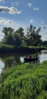 Peaceful riverboat on a lush green river.