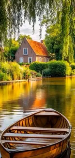 A wooden boat on a tranquil river under lush green trees.