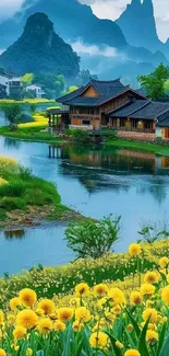 Tranquil riverside landscape with mountains.