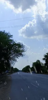 Peaceful road with trees under a cloudy sky.