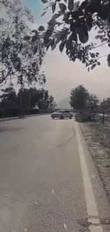 Serene roadside wallpaper with trees and a distant car on a quiet road.