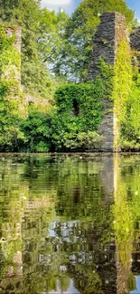 Ancient ruins reflected in a serene, greenery-surrounded lake.