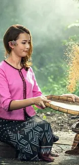 Woman in traditional attire amidst nature.